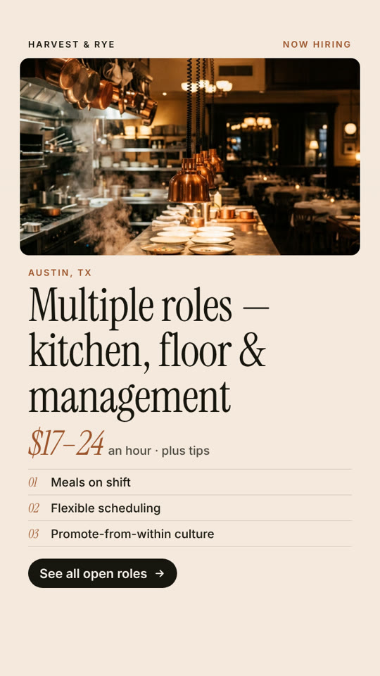 Restaurant group hiring for several roles, Austin, Clean style