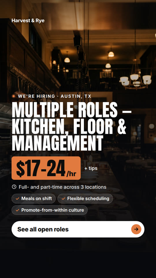 Restaurant group hiring for several roles, Austin, Photo style